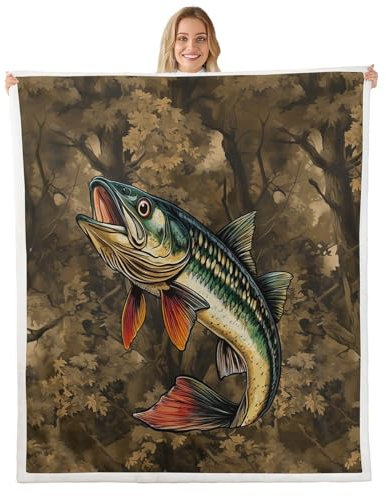 Loussiesd Manta de felpa con diseño de pez lubina, manta de forro polar para niños y niñas, pesca y caza, ramas de árbol Sherpa mullida para sofá cama, tamaño Queen, 90 x 90 pulgadas