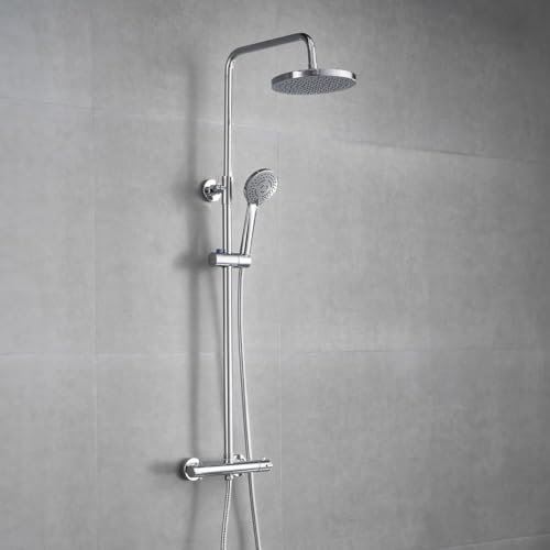 Shower Mixer Set, YOOZENA Shower Mixer bar Set for Bathroom, Adjustable Height Shower System with Round Overhead Rainfall Shower,Thermostatic Shower Set,Chrome