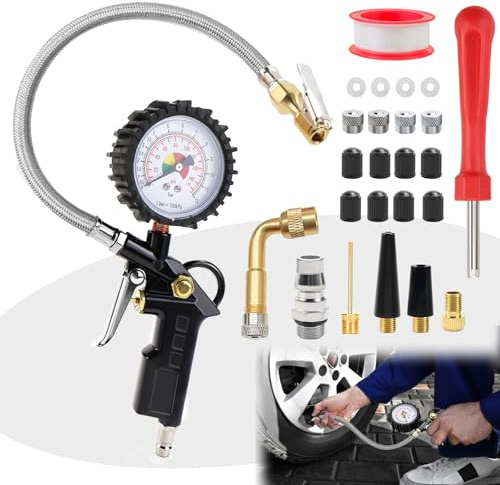 Manometer 0-12 bar Reifendruckprüfer Reifenfüller Luftdruckprüfer Luftdruckmesser Reifendruckfüller Reifendruckmesser mit Adapter & Zubehör
