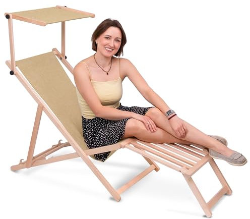 DreamRoots Sonnenliege klappbar mit Dach aus Holz - Liegestuhl mit Sonnenschutz & Fußstütze aus Holz bis 130 kg, Leinenstruktur Oxford-Polyester 220g/m², 3-Fach verstellbarr - Desert Sand