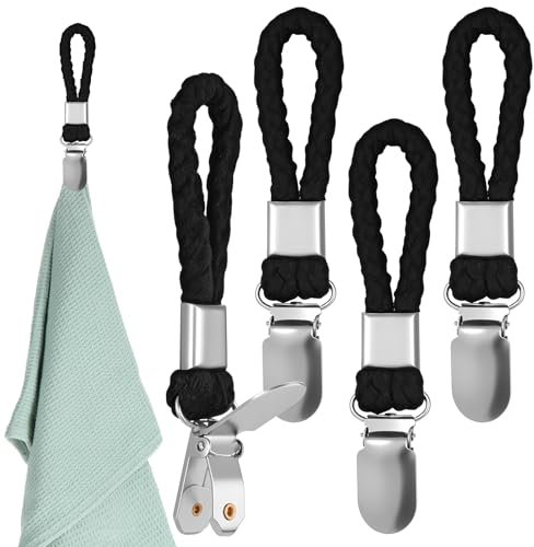 Giantree 4 Stück Handtuch Clips zum Aufhängen, Handtuch Aufhänger Handtuchaufhänger Ohne Nähen Haken Für Handtücher Handtuchclips Mit Schlaufen Geschirrtücher Halter Für Kücher Bad Balkon (Schwarz)