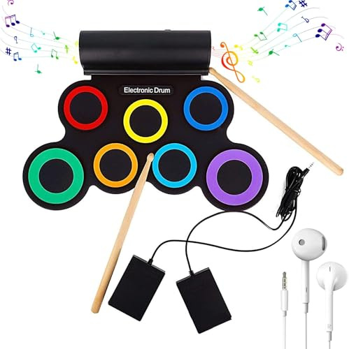 Electric Drum Kit, 7-Pad Roll Up Drum Set with Dual Speakers & Headphone Output - Portable 8H Battery Practice Pad, Silent Electronic Drums for Kids & Beginners (Great Gift!)