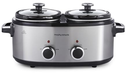 Morphy Richards 3.8L DuoServe Double Pot Slow Cooker, Ceramic Pots, 4 Preset Functions, Independent Temperature Controls, Tempered Glass Lid, Easy Clean, Brushed Stainless Steel, 462000