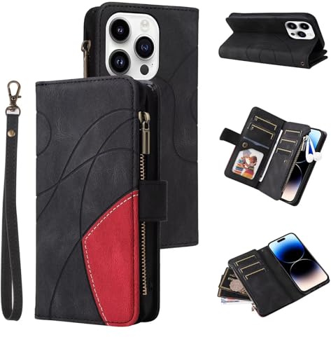 Portefeuille étui pour iPhone 12/iPhone 12 Pro, rétro 9 Porte-Cartes Fentes Zipper Poche Sac à Main étui PU Cuir Fermeture magnétique Pied à Pied avec Bracelet TPU étanche à Chocs Folio étui - Noir