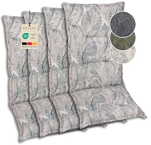 GO-DE Textil Bequeme und attraktive Polsterauflagen für Hochlehner-Gartenstühle (4er-Set, Blattmotiv groß Natur, Hochlehner)