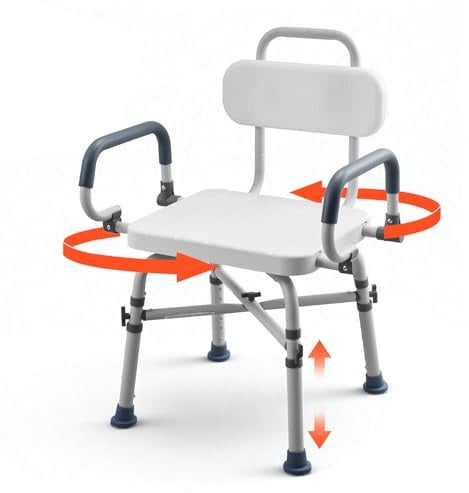 VEVOR Sedia da Doccia Girevole 360° con Braccioli Schienale, Sedia da Doccia per Anziani Pazienti Carico max 227 kg, Sedile Girevole per Vasca da Bagno Box Doccia Altezza Regolabile 415 a 540 mm