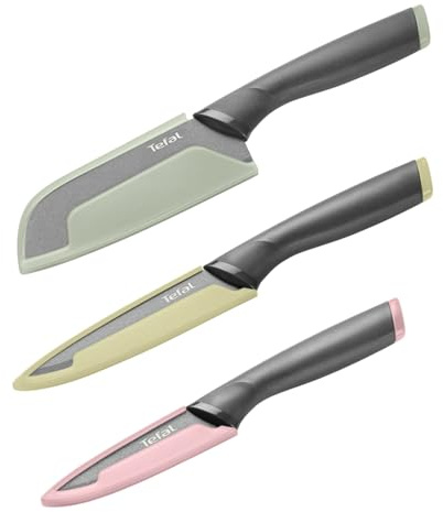 Tefal Slicy Knives, Set de 3 cuchillos: Santoku 12 cm, Multiusos 12 cm, Pelador 9 cm, Cuchillas antiadherentes con titanio, Fundas individuales, Identificación por colores, Mangos de tacto suave