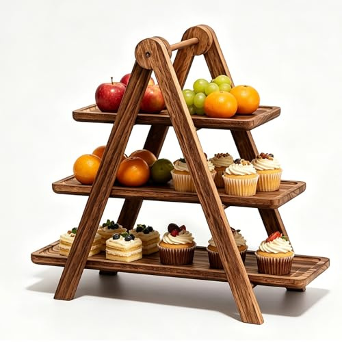 3 Etagen Holz-Etagere rechteckig, Serviertablett aus Holz, Tragbar Faltbarer Cupcake Ständer, Lebensmittel-Display aus Holzetagere 44x35x17cm für Obst, Dessert, Vorspeisen, Hochzeit, Party, Picknick