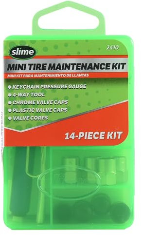 Slime 2410 Mini-Reifenwartungsset, Reifenpflege-Essentials, kompakt, 14-teiliges Set, 8,9 cm L x 6,3 cm B x 2,2 cm T
