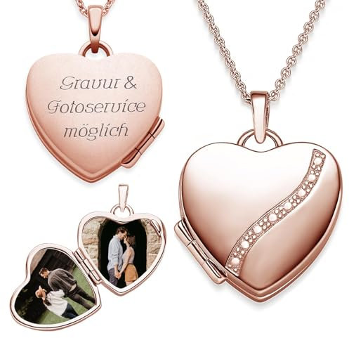 Herz Medaillon zum Öffnen für Bilder Rosegold | Kette Damen Medallion mit Bild | Foto Amulett Anhänger Herzmedallion | Halskette Herzkette mit Gravur