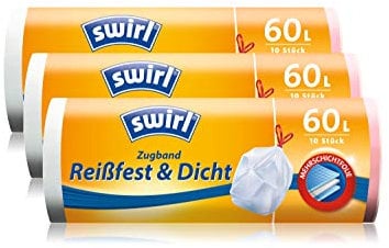 Swirl Zugband-Müllbeutel, 60 Liter, 3 Rollen mit je 10 Beuteln, Weiß