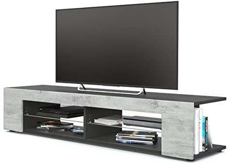 Vladon Lowboard Movie, TV-Kommode mit 4 offenen Fächern und Zierleisten, Schwarz matt/Beton Oxid-Optik (134 x 29 x 39 cm)