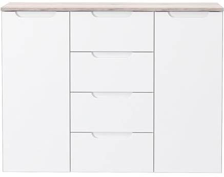 Forte Moreno Kommode 100 110, Moderne Kommode mit 2 Türen und 3 Schubladen, Schlaf/Wohnzimmer, Flur, Holzwerkstoff, Weiß, 104,6 cm breit x 80,1 cm hoch x 34,1 cm tief
