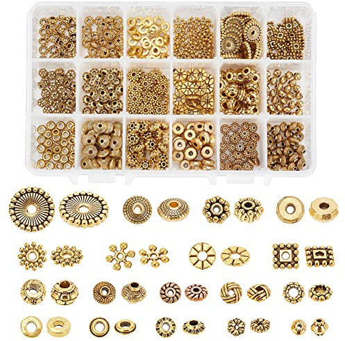 PandaHall 540 Stücke Goldene Perlen 18 Arten Tibetanische Legierung Spacer Perlen Antike Goldene Abstandsperlen Schmuckzubehör Lose Perlen Metall Perlen für Armband Halskette Schmuck Mache