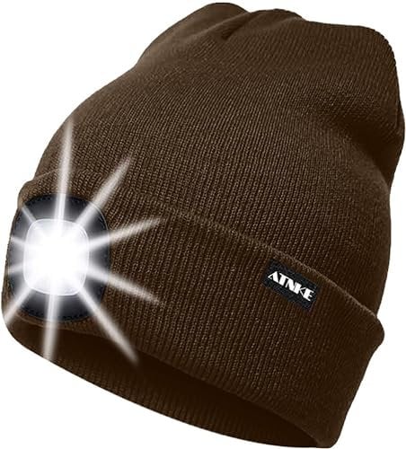 ATNKE LED Beleuchtete Mütze,Wiederaufladbare USB Laufmütze mit Licht Extrem Heller 4 LED Lampe Winter Warme Stirnlampe für Herren und Damen Geschenke/Coffee