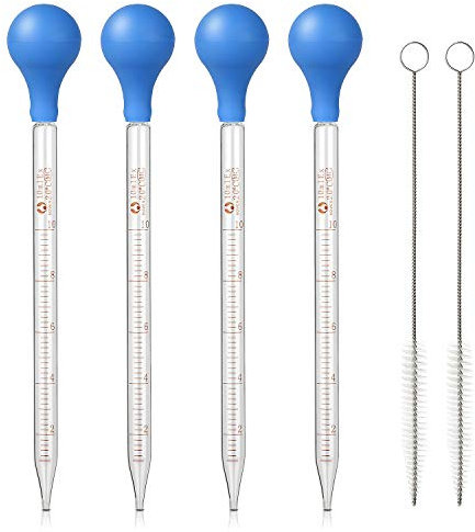 Hyber&Cara Pipetas Cuentagotas 10ml,4Pcs Vidrio Pipeta,Pipeta de Cristal,Gotero de Cristal de Calibración,Pipeta Graduada con Bulbo de Goma Para Laboratorio + 2 x Cepillo de Limpieza
