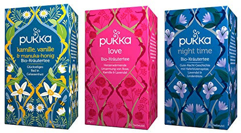 Pukka - Bio-Kräutertee Entspannung & Gelassenheit - Tee Mix - 60 Teebeutel (20 x Kamille, Vanille & Manuka-Honig, 20 x Love, 20 x Night Time)