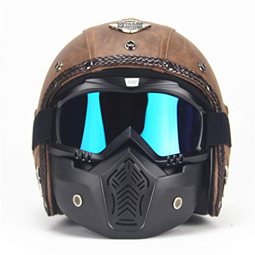 MRDEAR Jet-Helme Männer, Vintage Motorrad Roller-Helm Motorradhelm Retro Handgemachtes Braun PU-Leder Mofa-Helm Scooter-Helm Roller Chopper mit Visier Brille Maske,XL