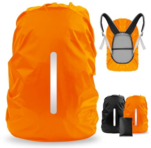 LAMA 2 Stück Wasserfeste Regenschutz Regenhülle Regenüberzug Regenabdeckung mit Reflexstreifen Verstellschnalle für Rucksack Schulranzen Schultasche Wandern Klettern Radfahren XL 56-70L Schwarz Orange | LAMA Wasserdichter Regenschutz für Rucksack, reflektierender Rucksack-Regenschutz mit Tragetasche