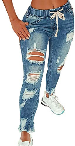 KUNMI Pantalones vaqueros rasgados de cintura alta para mujer, ceñidos, elásticos, talla grande