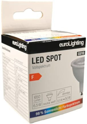 euroLighting LED Spot GU10 4000K, 6,5W Neutral Weiß 650lm mit Sonnenlichtspektrum/Vollspektrum, 3 Step Dimmbar (AN = 100% / 1X = 40% / 2X = 15% / 3X = 100%)
