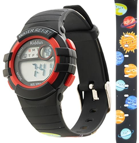Kiddus Digitaluhr für Kleinkind, Mädchen und Jungen. Von 3 Jahren. Mit Stoppuhr, Kalender, Wecker und Licht. Wasserbeständig. LED Sportarmbanduhr für Kinder. Galaxy