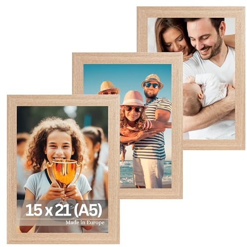 VictoR Bilderrahmen Dix 3er Set 15x21 cm (A5) | moderner Holzrahmen, Bilderrahmen beige 15x21 - Fotorahmen Holz mit bruchsicherem Acrylglas