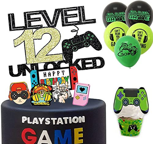 ZELAITE 12th Geburtstag Kuchen Deko Cake Topper Happy Birthday, Tortendeko Geburtstag Junge Videospiel Torten Deko Gaming, Kuchen Deko Video Gaming Spiel, Kuchen Dekorationen für Jungs (12)
