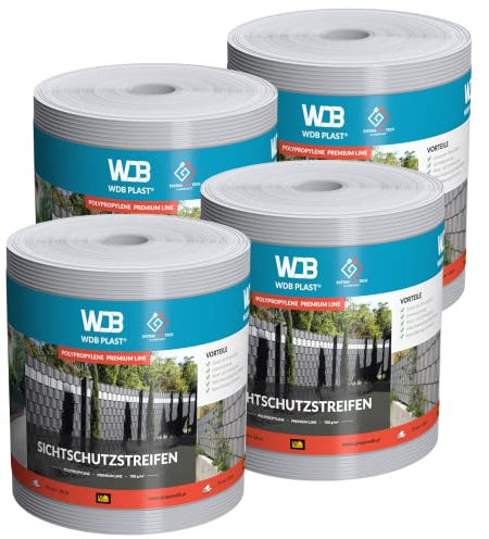 WDB - Sichtschutzstreifen für Doppelstabmatten Sichtschutz Zaun - Set 4X 26 m x 19 cm - Hart PP Windschutz Premium Line - Grau - RAL 7040