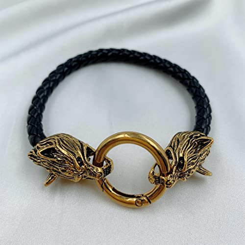 Bysonglezai Armband Herren Armbänder Armreif Damen Männer Geschenk Viking Wolf Head Lederarmband Für Männer Armband Geschenk Gold-23Cm