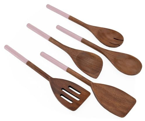 Chef Pomodoro Utensilios de Cocina Madera | Set 5 Piezas Menaje de Cocina Utensilios | Cuchara Madera, Paleta Cocina, Espátula, Tenedor, Espátula con Ranuras 30 cm | Set Utensilios de Cocina (Rosa)