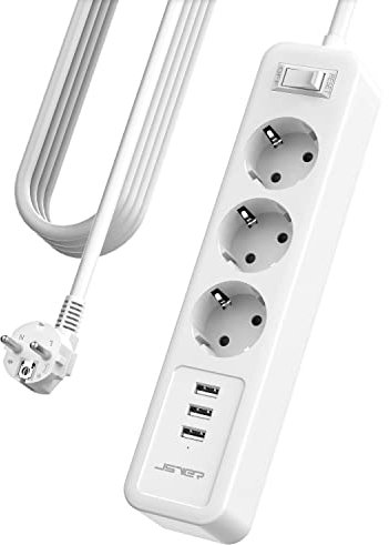 JSVER Steckdosenleiste 3 Fach mit 3 USB Ladeanschlüsse,Mehrfachsteckdose 5M Wandmontage Steckerleiste (3680W 16A) USB mit Schalter für Smartphones, Laptop, iPAD-Weiß