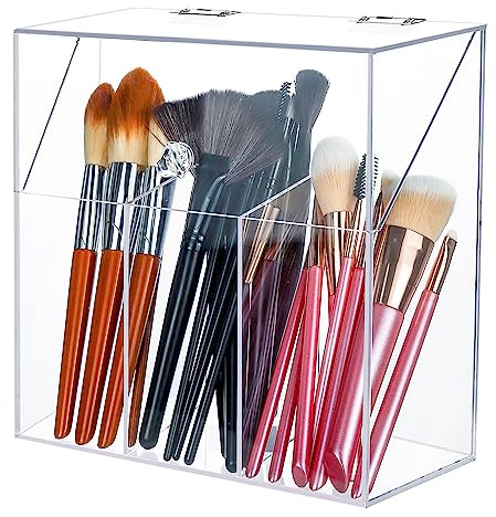 LOHRYVIO Acrylic Makeup Brush Holder with Lid - Clear Cosmetic Makeup Brush Organizer and Storage Box with Cover for Vanity - Large Capacity 3-Slots Container for Brushes (Clear)
