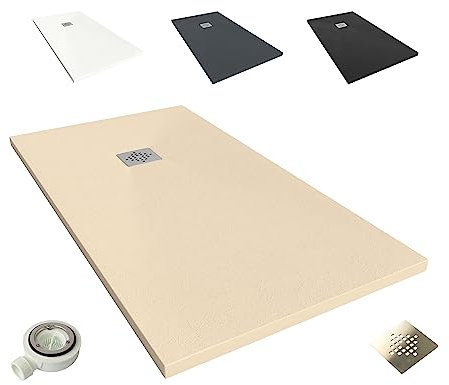NEBADOON | Plato de Ducha de Modelo Roma II – Plato Ducha Resina con Textura Pizarra - Antideslizante y Antibacteriano – Crema Intenso (RAL 1015) 70x150 cm – Incluye Válvula Desagüe y Rejilla