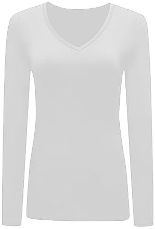 Womans T Shirt New Ladies Tops Long Sleeve V Neck Basic Casual Tshirts UK Plus Size 8-26 White