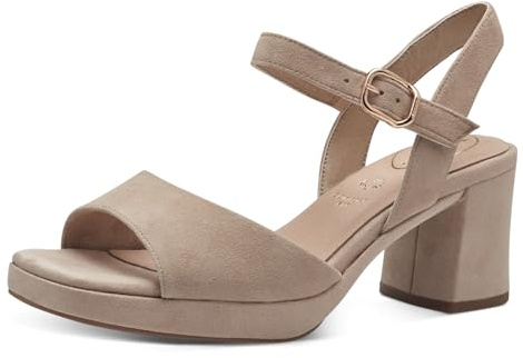 Tamaris Damen Wide Fit Damen Sandalen mit Absatz aus Leder mit verstellbarem Riemen, braun (beige Suede), 38 EU
