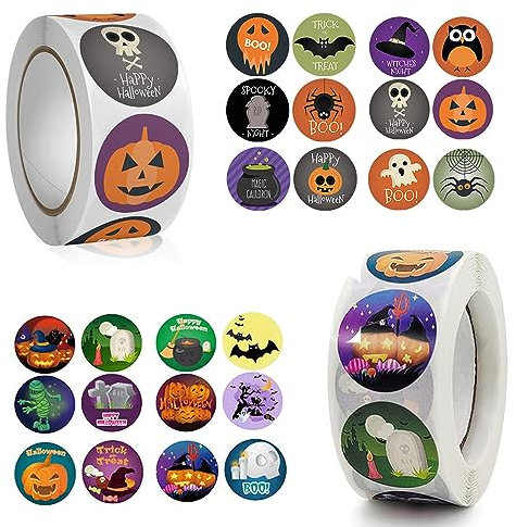KOBOKO Halloween Aufkleber Rolle,1000 Stück Halloween Sticker,Halloween Aufkleber für Kinder,Halloween-Kürbis-Fledermaus-Spinnen-Aufkleber, Rolle für Halloween Party DIY Craft
