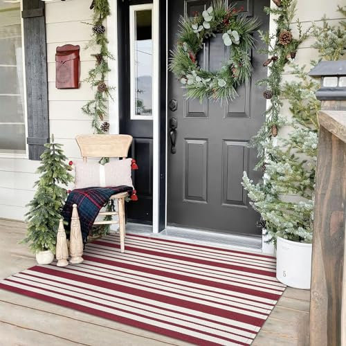 KOZYFLY Gestreifter Outdoor-Teppich, 90 x 150 cm, Rot und Weiß, handgewebt, waschbar, für den Außenbereich, Eingangsmatte für Haustür, Küche, Eingang, Terrasse, Veranda, Dekor