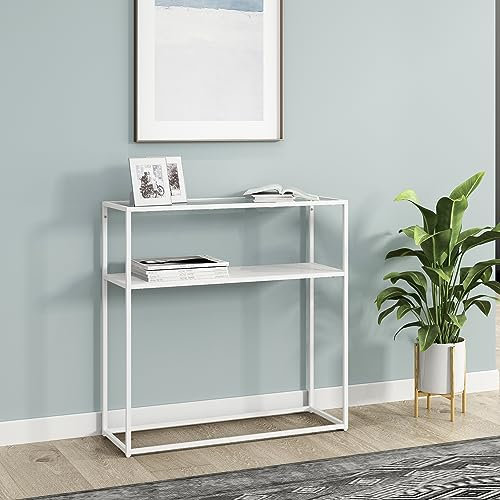 [en.casa] Konsolentisch Kuhmo mit Glastischplatte Beistelltisch mit Ablage Flurtisch Schmal Standregal Ablagetisch Flurmöbel Industrial Design 80x80x30 cm für Vorzimmer, Wohnzimmer Metall Weiß
