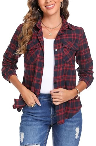 Irevial Karierte Bluse Damen Karohemd Langarmshirt Casual Hemd Oberteile Button Down Hemdbluse Boyfriend Plaid Shirt Top Blau XXL