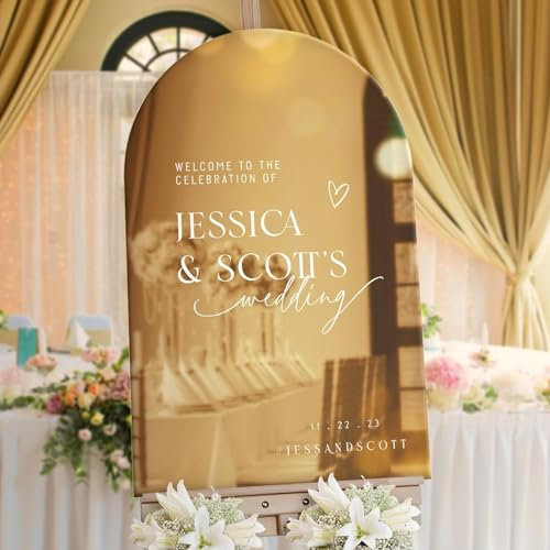 Pahdecor Panneau de bienvenue en forme de miroir doré personnalisé pour décoration de table de mariage, panneau de mariage moderne, minimaliste, panneau de mariage doré miroir en acrylique,