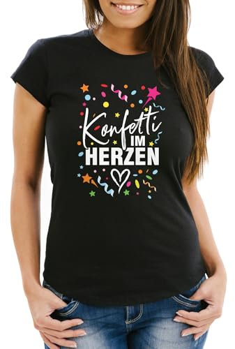 MoonWorks® Damen T-Shirt Fasching Karneval Konfetti im Herzen Kostüm-Ersatz Verkleidung Funshirt Frauen schwarz M