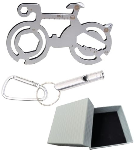 CLKE Outil Multifonction Vélo 10 en 1,Porte Cle Velo avec Siffler,Ouvre-Bouteille,Ouvre Bouteille Velo,Multitool Velo Compact en Alliage d'Aluminium pour Randonnée VTT,Cadeau Cycliste(Argent)