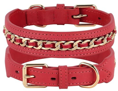 Didog Echtes Leder Hundehalsband - Geflochtenes, Stilvolles und Dauerhaftes Metallketten-Halsband für Mittlere und Große Hunde, Rot, L
