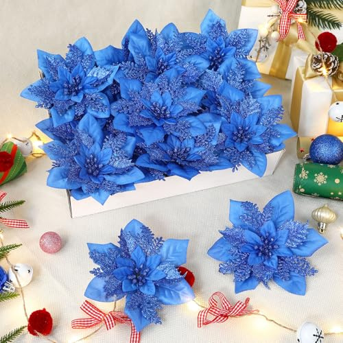 Alupssuc - 24 flores de Pascua artificiales, 15,24 y 22,86 cm, decoraciones de Navidad para el árbol, adornos navideños en caja, con purpurina, decoración con clips y palos, color azul