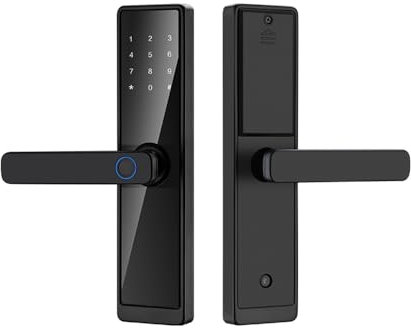 Swokely Cerradura de puerta digital inteligente con huella digital con manija, cerradura de puerta de entrada biométrica sin llave, funciona con batería para puertas de 30-100mm de espesor