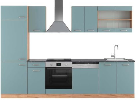 Vicco Küchenzeile R-Line, Blau-Grau/Goldkraft Eiche, 300 cm, AP Anthrazit