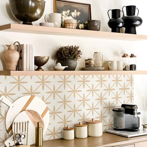 Alwayspon Adesivo per piastrelle, beige e bianco, autoadesivo per piastrelle per bagno, cucina, paraspruzzi, stacca e attacca, in vinile, 10 pezzi x 15 cm