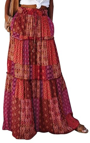 Timuspo Summer Maxi Skirts Boho Flowy for Women UK A-Line Beach Elastic Waist Gypsy Vintage Skirt Casual Long Dresses Boho-Red M