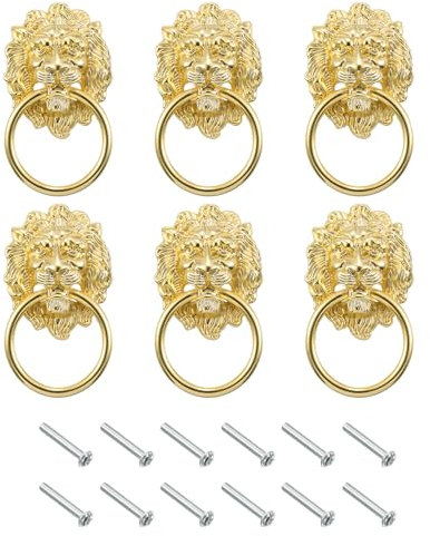 sourcing map 6 Pcs Lion Head Pulls Knob, 3.54 x 2 Zinc Alloy Vintage Lion Door Handle Decorative Front Door Knob Ring Pull Handle for Gate Cabinets Drawers, Gold